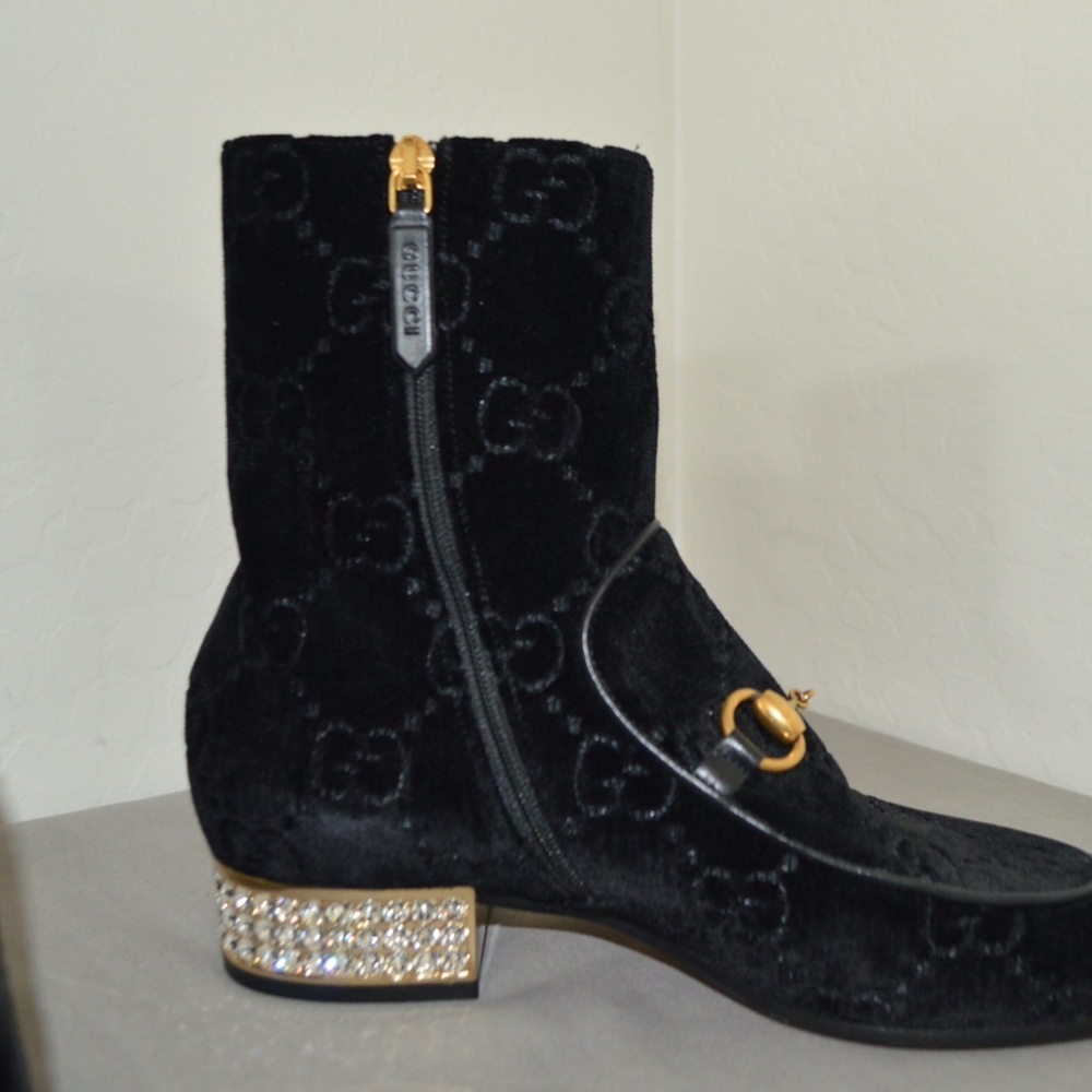 Gucci 'Mister GG' Monogram Velvet Horsebit With Rhinestone Black Boots SZ 37.5 - Picture 7 of 14